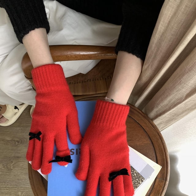 Guantes elegantes de lana tejidos con lazo para otoño e invierno, con pantalla táctil, cálidos y con fugas para climas fríos