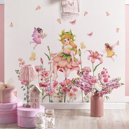Flower Fairy Wall Stickers Butterfly Girl Wall Decals Removable Vinyl Wall Art Sticker for Girls Baby Nursery Kids Bedroom Living Room Bathroom