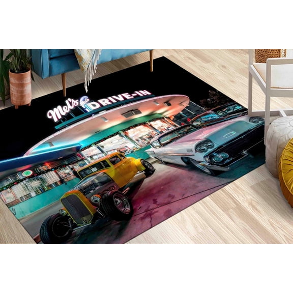 Retro Cars Rug, Indoor Rug, Floor Rugs, Vintage Drive In Scenery Rugs, Gift For Him Rugs, Car Rug, Dining Room Rug, 3D Printeds Rugs, 5.9'x9.2' - 180x280 cm