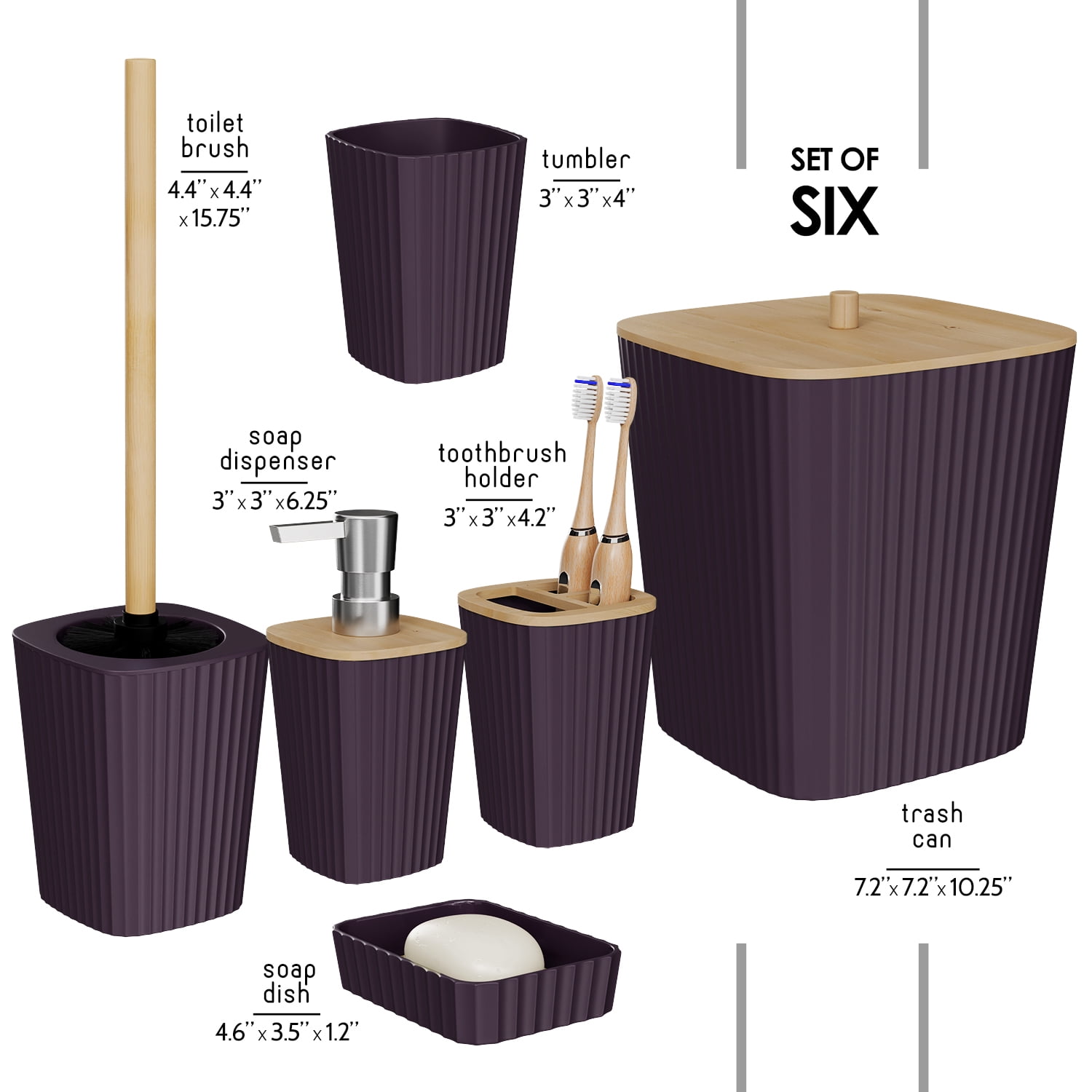 Virtu 6 Piece Bamboo Bathroom Sets, Purple Bathroom Accessories Set for Minimalistic Bathroom Décor