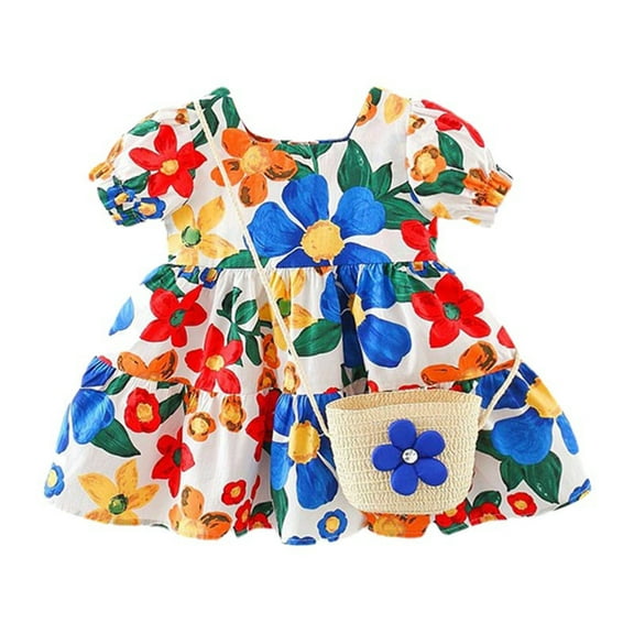 Toddler Girls Dress Short Sleeve Floral Prints Ruffles Princess Dance Party Clothes Dresses For Girls Size 3-4T