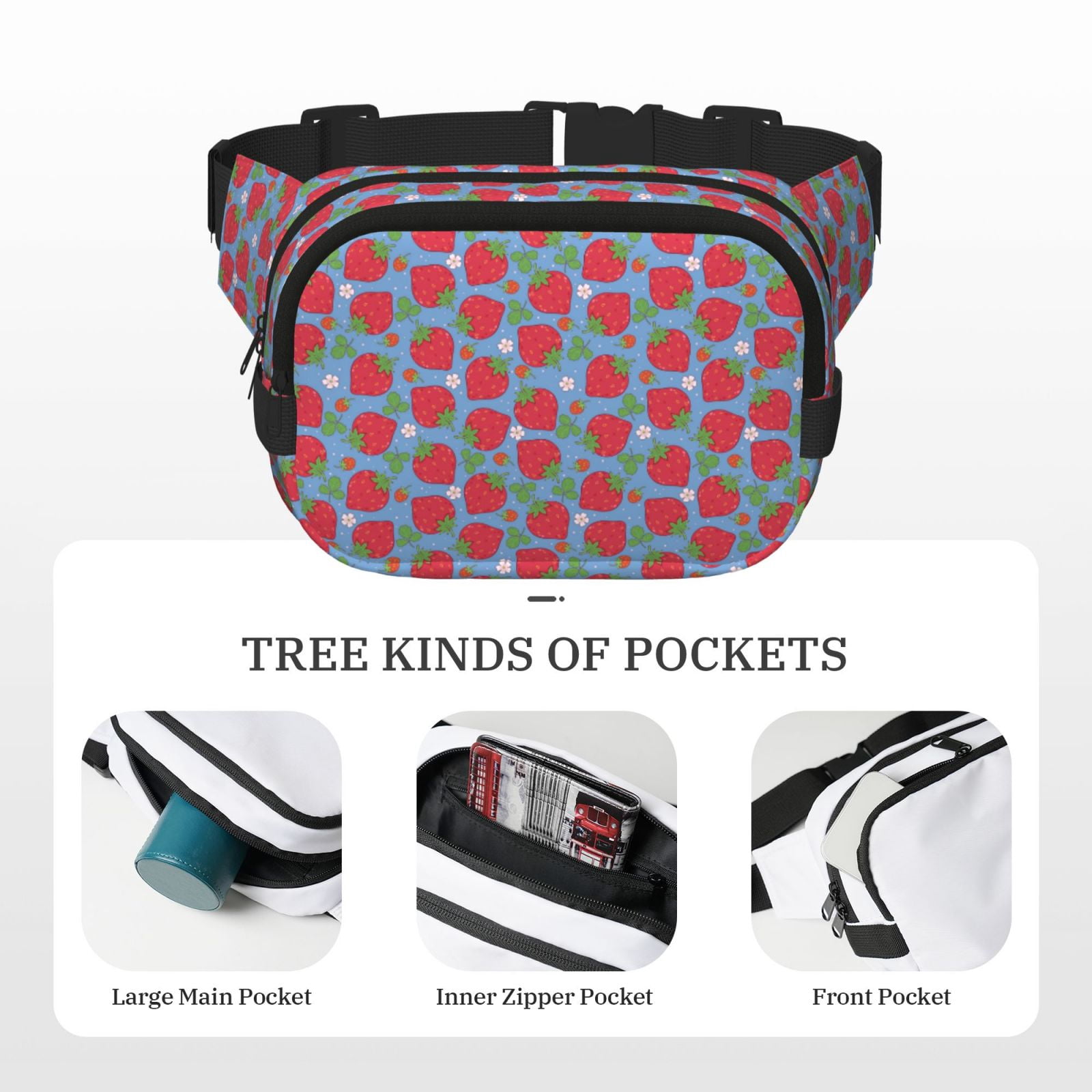 Picia Hand Drawn Strawberry Print Square Double-Layer Waist Bag Mini Adjustable Waist Belt Bag Exercise Running Travel Hiking