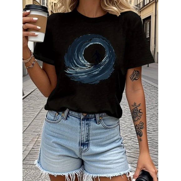 Teediy Surfer Silhouette Riding Stylized Wave Pure Women'S T Shirt Comfort Fit