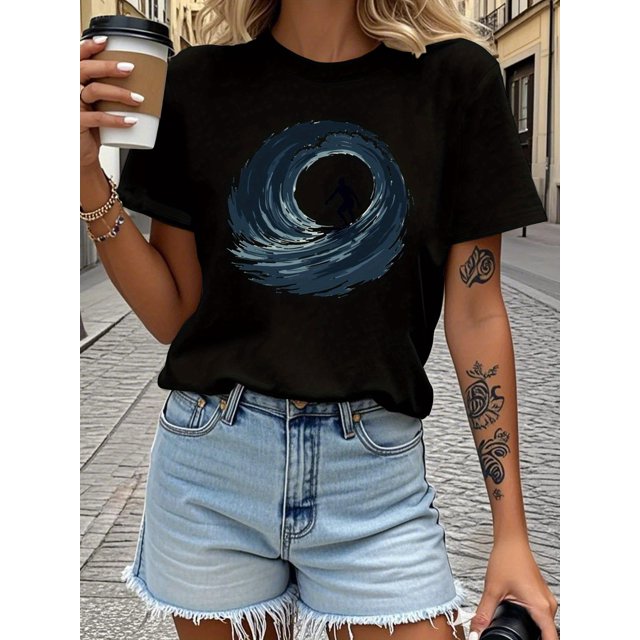 Teediy Surfer Silhouette Riding Stylized Wave Pure Women'S T Shirt Comfort Fit