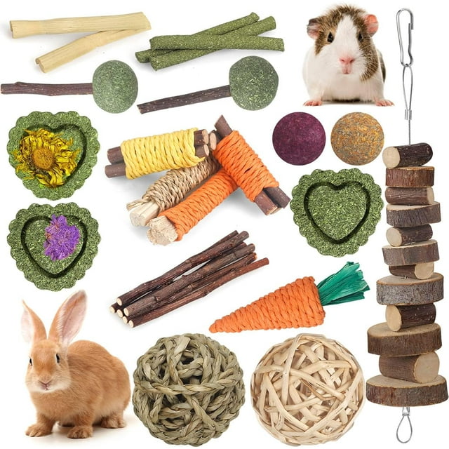 HSHDLDF Rabbit Toys Guinea Pig Toys Hamster Toys Bunny Toys 18Pcs Natural Timothy Hay Sticks Apple Wood Sticks Chinchilla Toys for Teeth Care Handmade