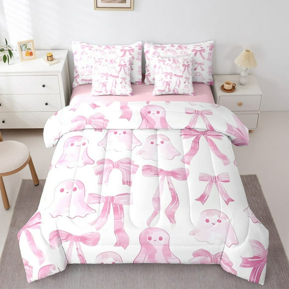 jejeloiu Cute Bowknot Bow Twin Bedding Sets 7-Piece,Cartoon Halloween Ghost Bedding Comforter Set,Pink White Ombre Sheet Sets For Girls,Super Cozy Bedroom Decor Reversible