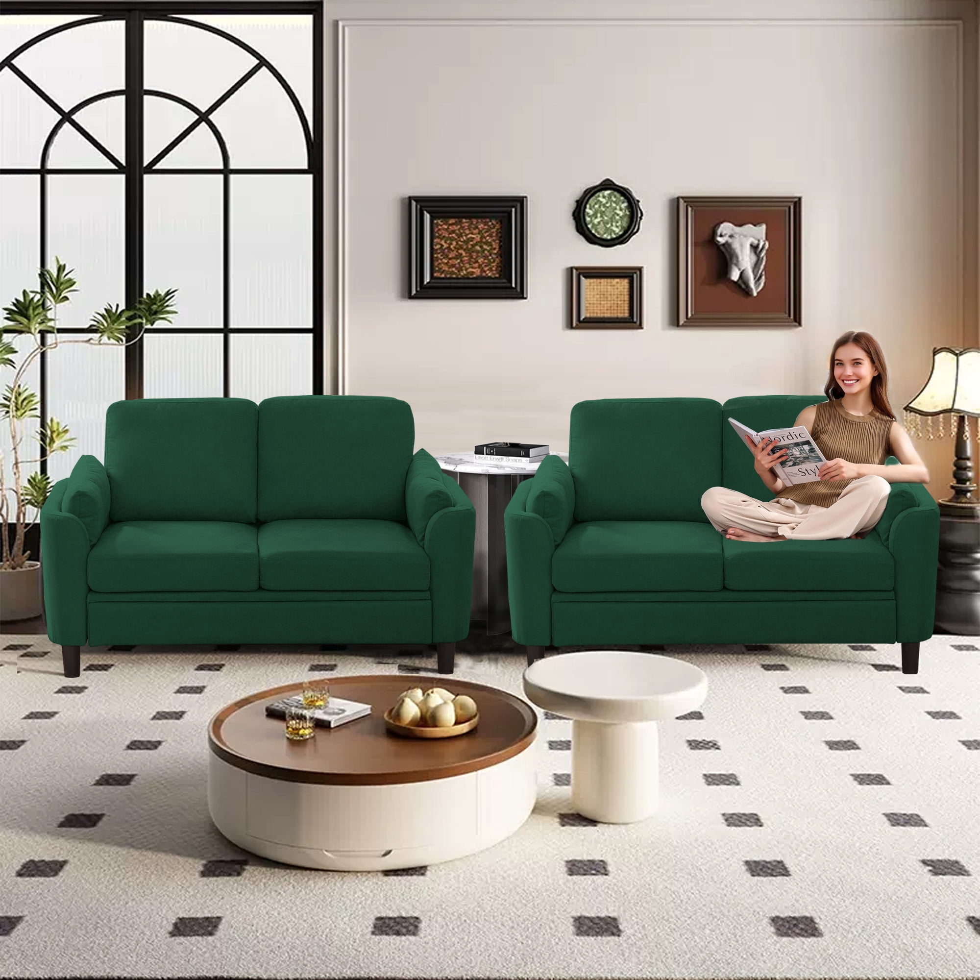 Soscana Small Sofa Couch Loveseat, 2 Seater Sofa for Living Room Apartment Bedroom Studio Office Small Space,Green,2pcs