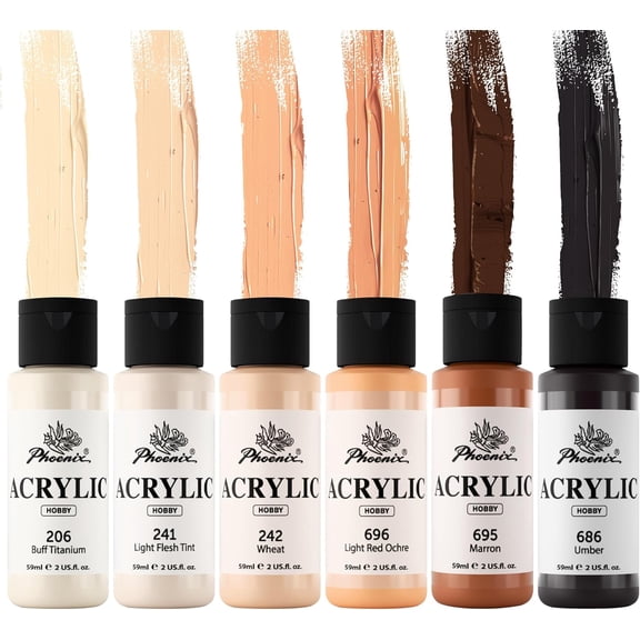 PHOENIX Skin Tone Acrylic Paint Set - 6 Neutral Colors x 2 Fl Oz / 59ml Each, Flesh Colored Model Paint for Miniature Figures, Canvas, Wood, Fabric, Non-Toxic Craft Paint for Adults & Artists