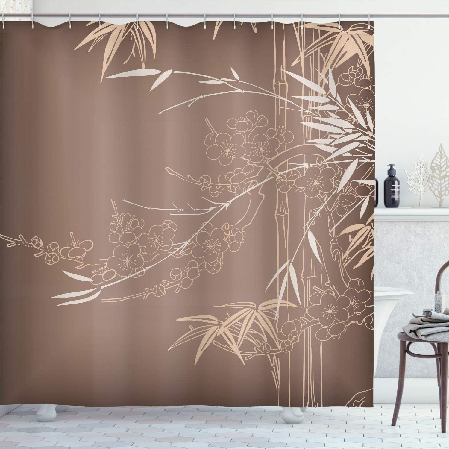 SPXUBZ Bamboo Print Shower Curtain, Asian Stems Branches Flowers