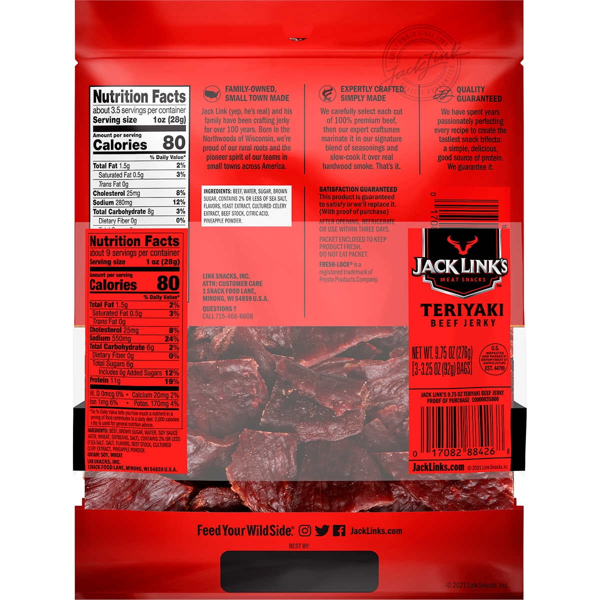 Jack Link's Beef Jerky, Teriyaki, 3.25 oz, 3 Pack
