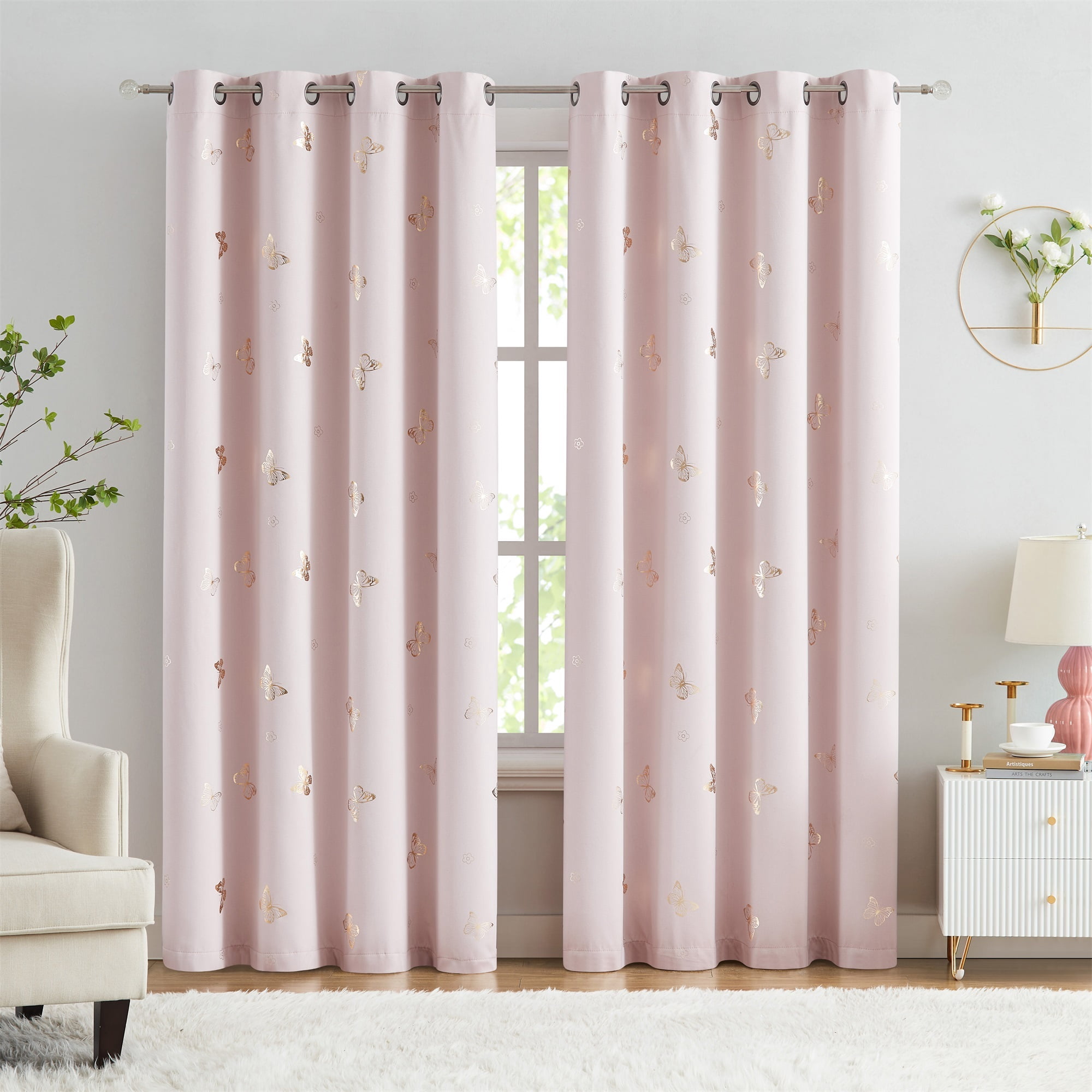 Flowpartex Pink Butterfly Blackout Curtains 2 Panels 84"L×52"W for Baby Girls Nursery Bedroom, Kids Gold Metallic Floral Print Room Darkening Window Drapes for Bedroom Living Room