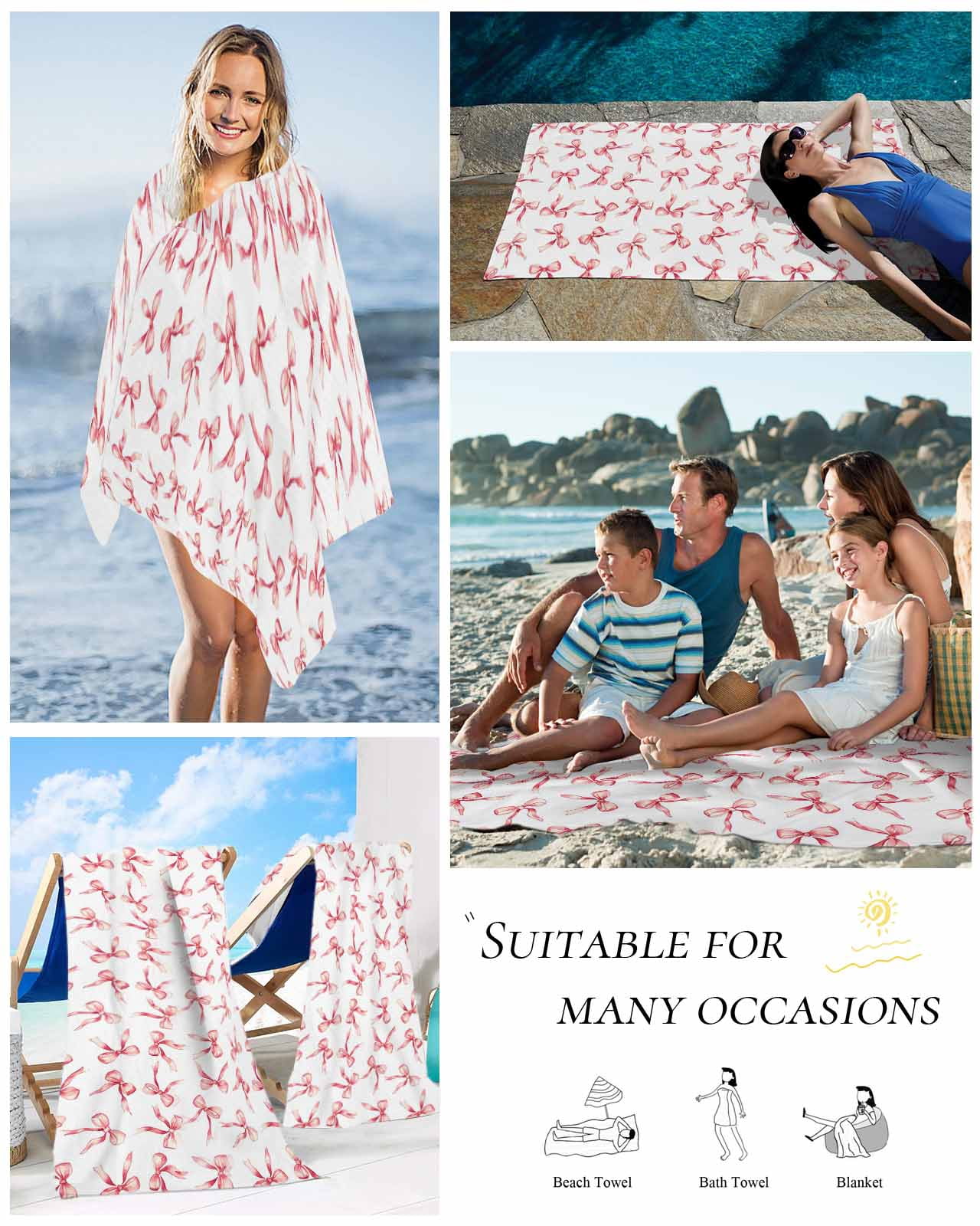 Pink Bow Ribbon Beach Towels Oversized Super Absorbent, Vintage Modern Art Bowknot Lightweight Bath Towel Quick Dry Sets For Bathroom/Pool/Rv Camping/Beach Play/Gym Room/Picnic 35"x70"