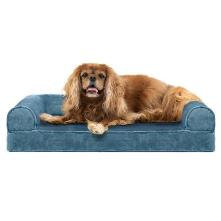 UPC: 0842229106770 | FurHaven Pet Products Faux Fur & Velvet Cooling Gel Memory Foam Sofa-Style Pet Bed for Dogs & Cats – Harbor Blue Medium