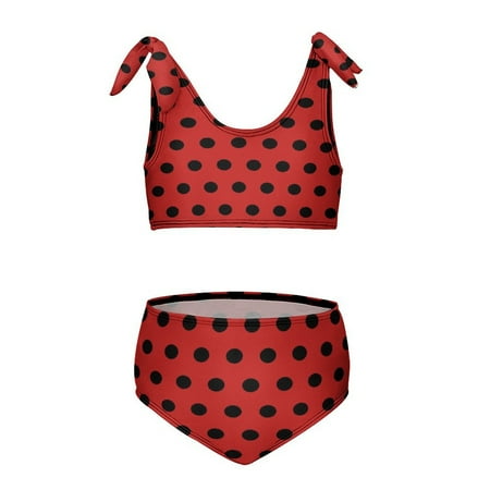 Black Polka Dots on Red Background Girl s 2 Piece Bikini Set Beach Sport Swimsuit Swimwear 9-11Y140cm