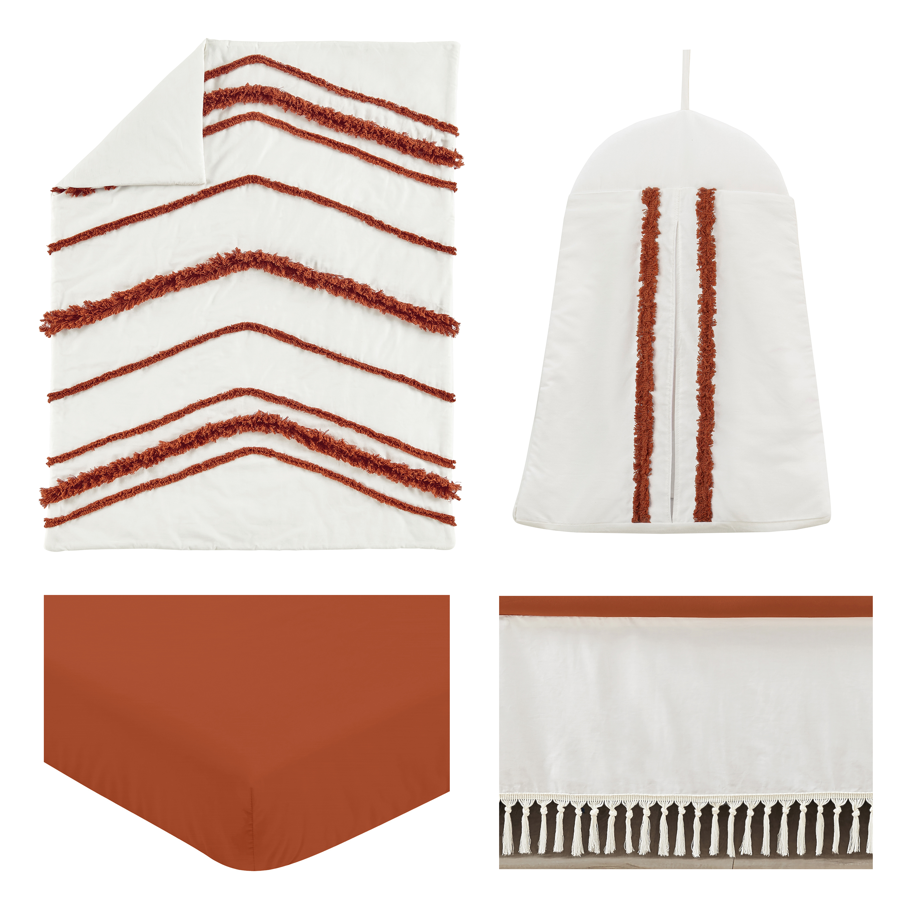 Sweet Jojo Designs Boho Fringe Rust Orange Ivory Off White 4 Piece Crib Bedding Set
