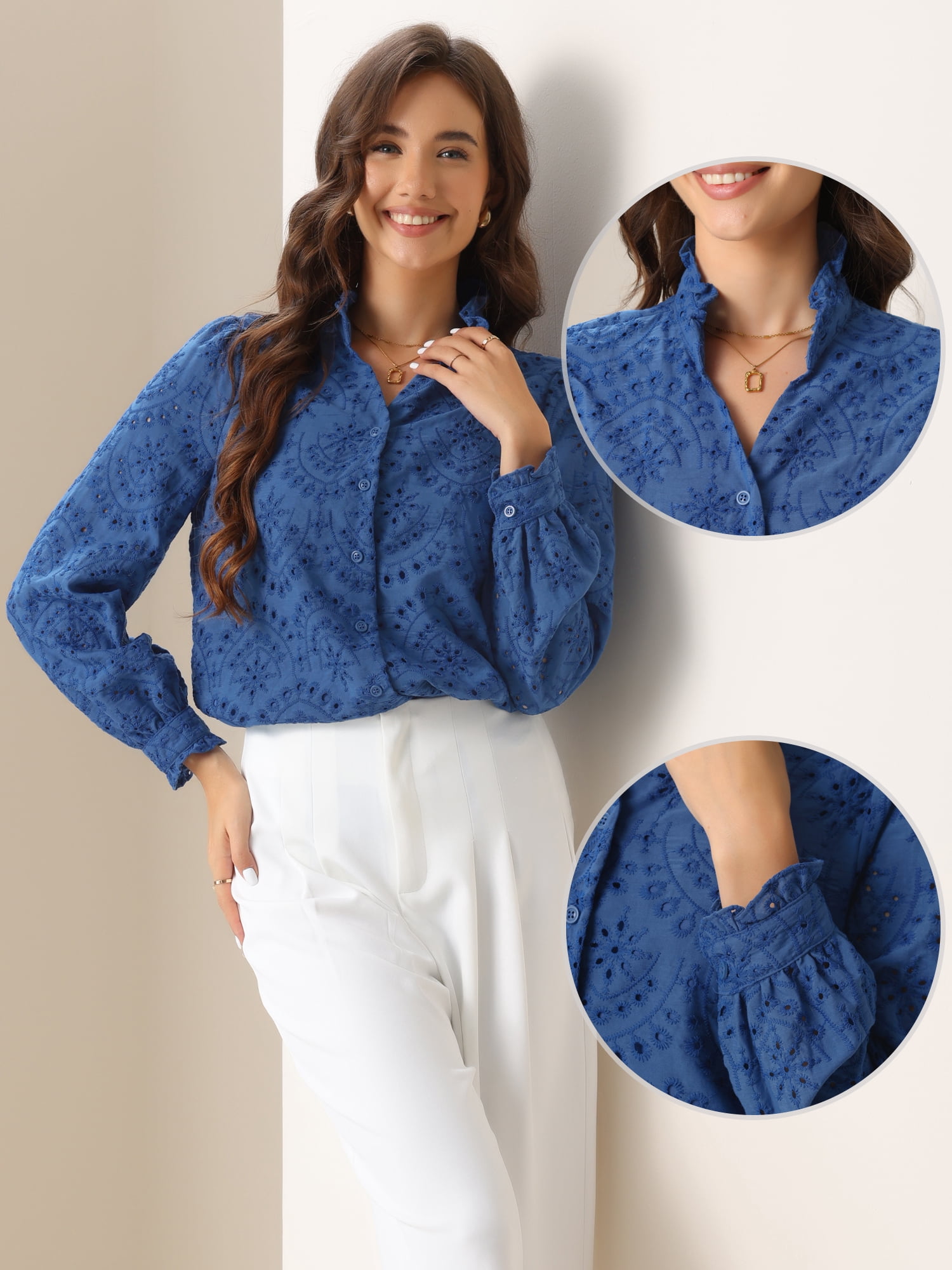 DARING DIVA Women's Ruffled V Neck Casual Work Swiss Shirts M Royal Blue