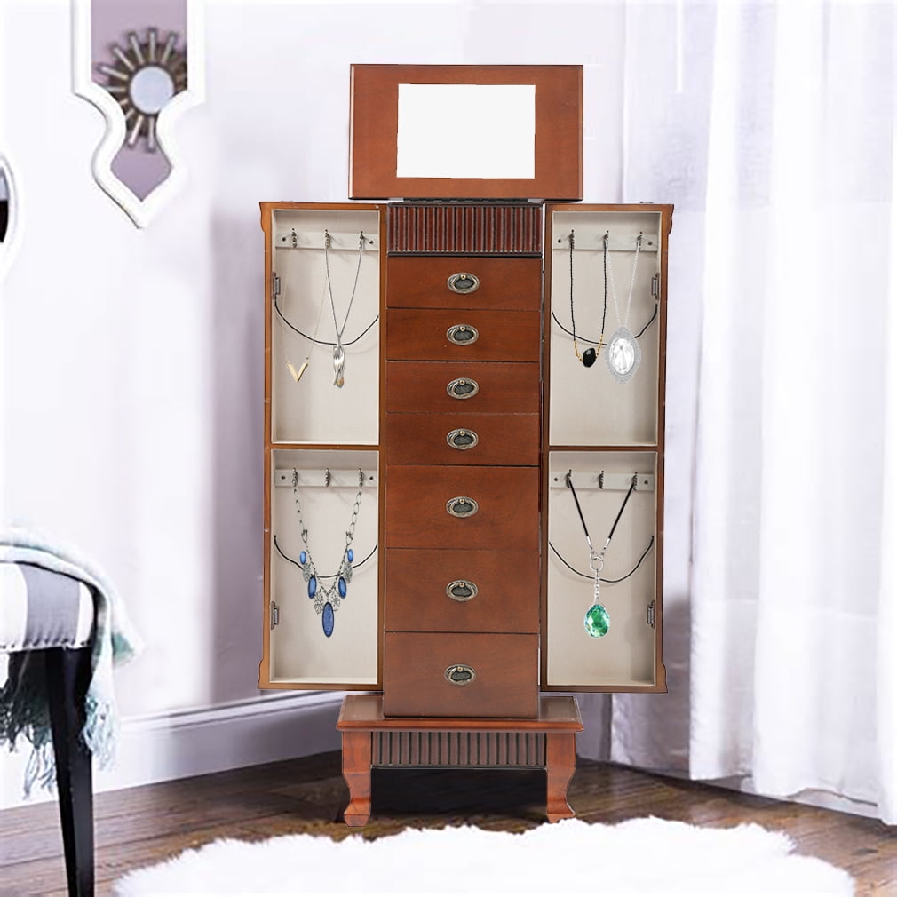 Jewelry Armoire Wood Storage, Floor Standing Jewelry Armoire Mirror