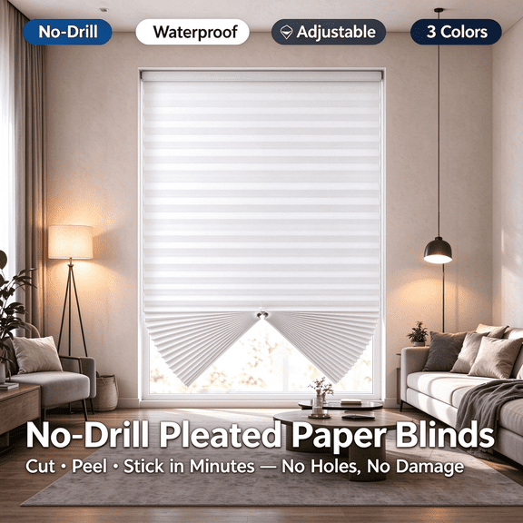 Lenkho No Drill Pleated Paper Window Blinds - Self-Adhesive Door Shades for Privacy Protection - No Drilling Easy Installation Pleated Curtains for Home, Bathroom and Front Door Office Use