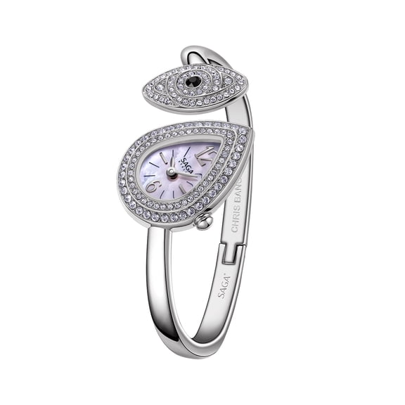 SAGA Angel's Eye Women's Luxury Cuff Bracelet Watch, Swiss Ronda Quartz Movement, Teardrop-Shaped Dial, 30M Water Resistant, 316L Stainless Steel Bracelet with 129 Danube Crystals