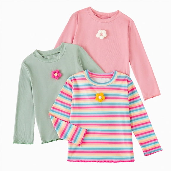 YDFCWXW 3 Pack Toddler Girls Shirts Long Sleeve Basic Tees Kids Tshirts Clothes Tops Soft Cotton (Light Green, 2-3 Years)