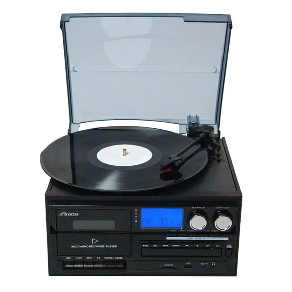 Victor VWRP-4200 Cosmopolitan 8-in-1 Turntable Music Center with 3-Speed Record Player, CD/MP3/Cassette Player, AM/FM Radio, Dual Bluetooth in & Out, USB Playback & Recording
