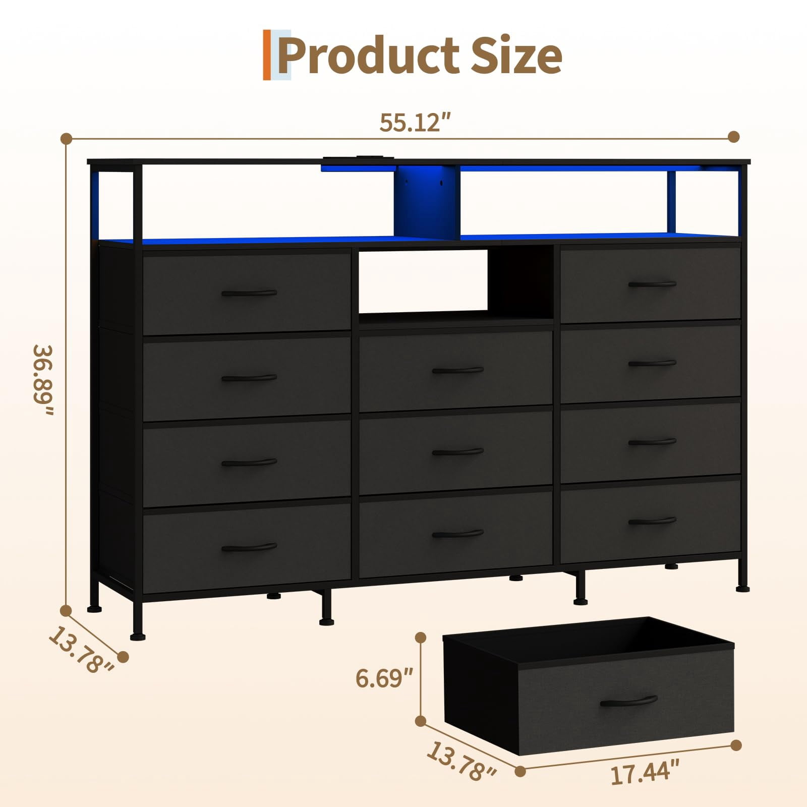 Kicctian 11 Drawers Dresser for Bedroom with LED Lights & Charging Station,Dresesr Chests of Drawers with Open Shelves,Black