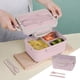 thumbnail image 4 of Fiambrera Bento de 3 compartimentos para adultos y recipiente hermético para alimentos de 1000 ml apto para microondas con palillos y cuchara, color rosa, verde y azul., 4 of 6