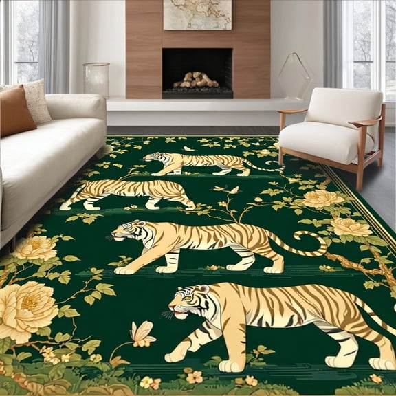 ODIKA 4'x6' Machine Washable Non-Slip Area Rug, Wild Tiger Botanical Motif with Retro Blossoms and Leafy Vines High Traffic Rug, Green, 283203