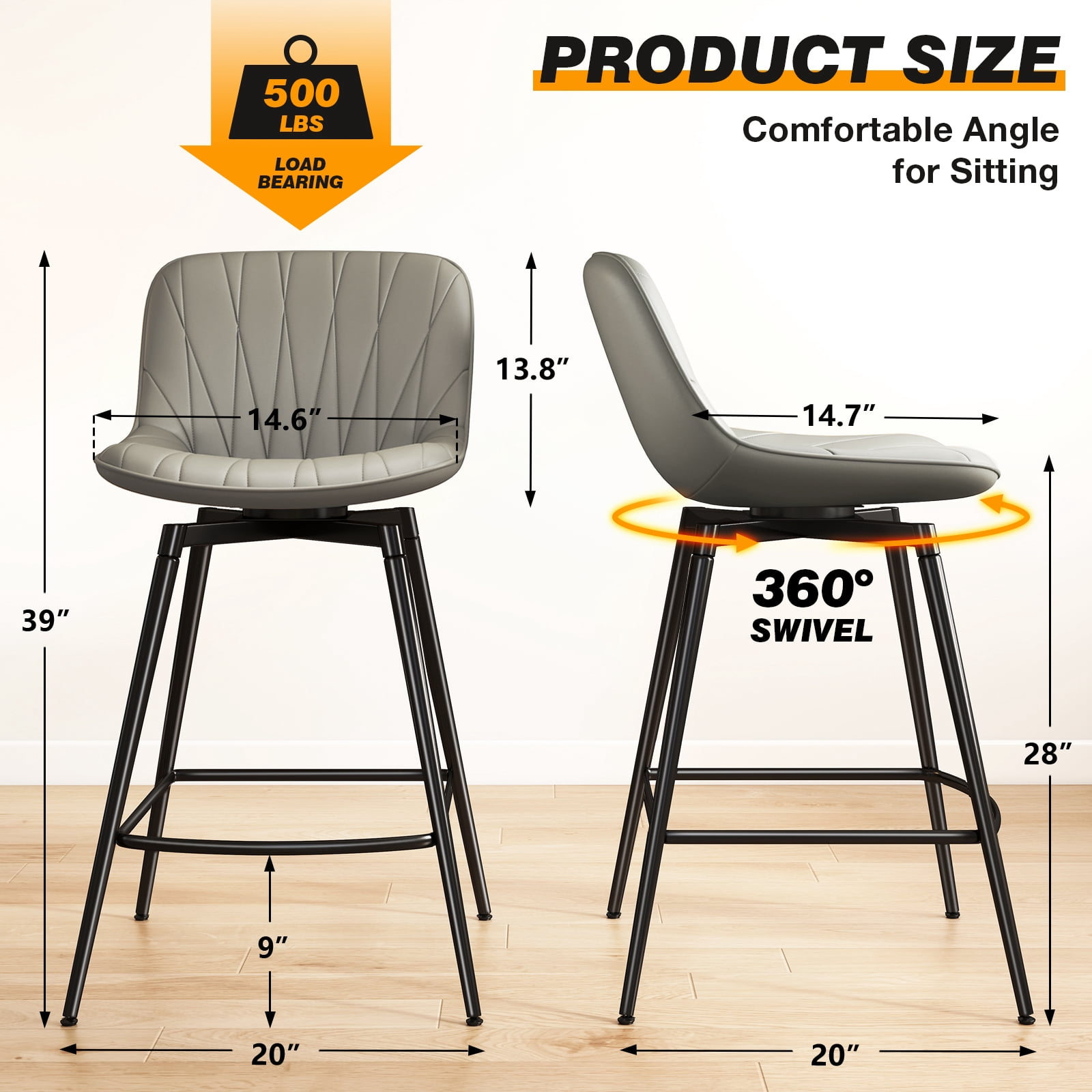 TAVR Modern 30" Swivel Bar Stools Set of 2 with Back & Footrest, Upholstered Counter Height Bar Chairs for Kitchen Island, PU Leather in Gray