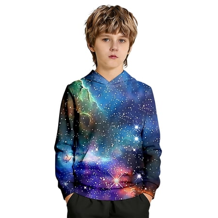Rggeeun Girls Galaxy Print Teenage Sweatshirt Soft Pullover With Pockets Relaxed Fit Cozy Casual Outerwear For Kids Top Blue 13-14 Years Long Sleeve