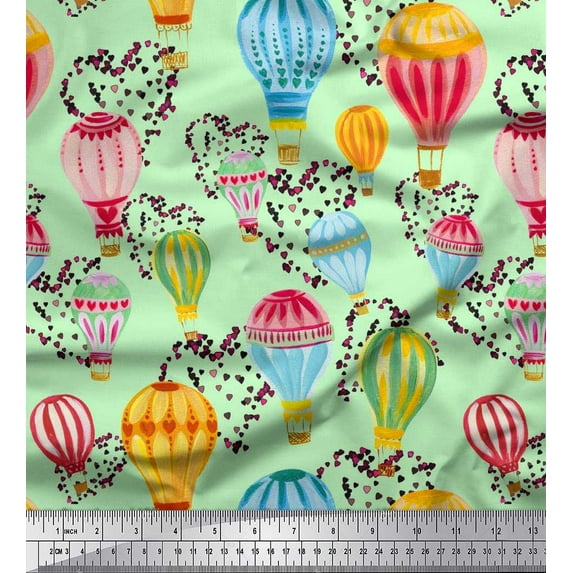 Soimoi Rayon Crepe Fabric Heart & Hot Air Balloon Holiday Printed Craft Fabric by The Yard 46 Inch Wide