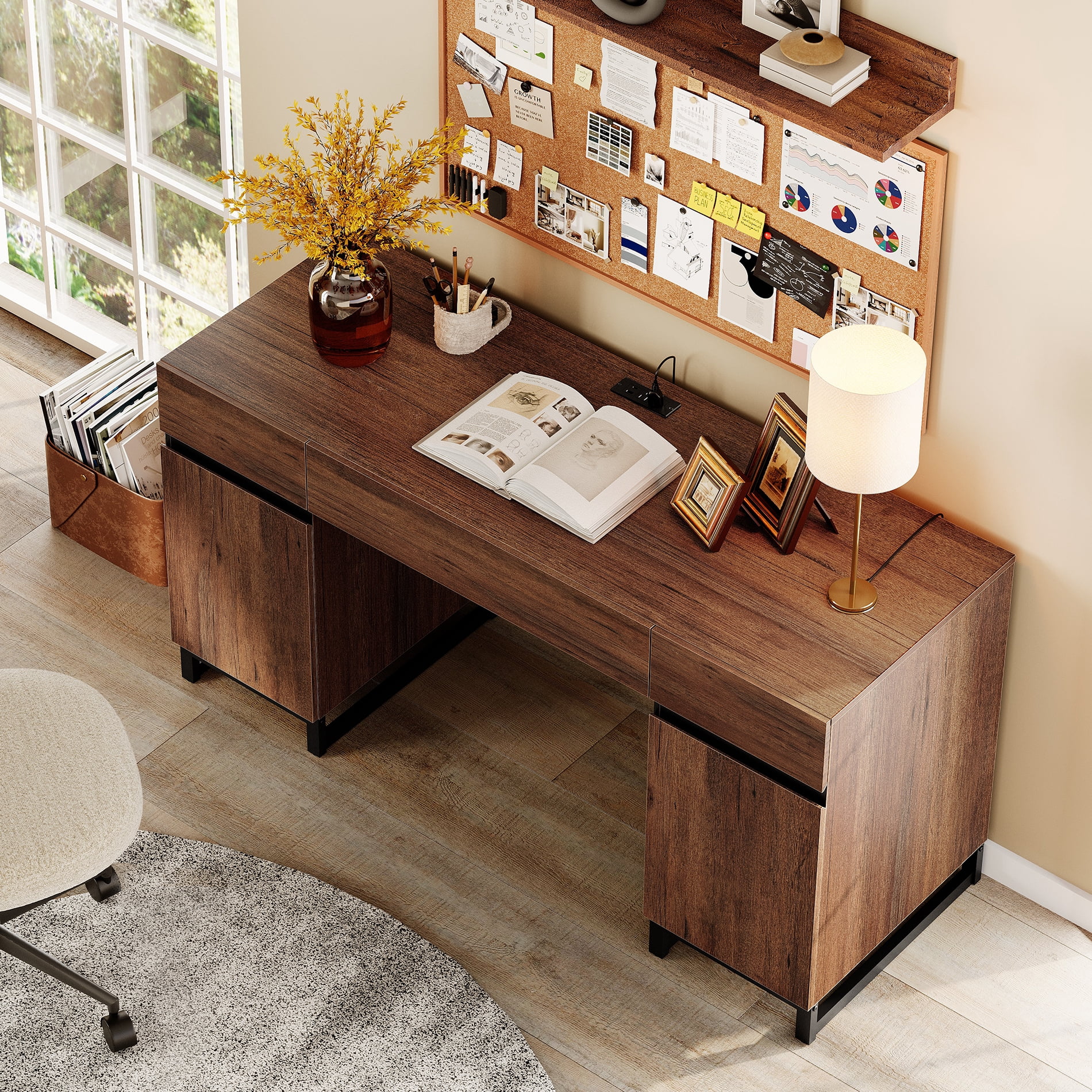 WAMPAT Office Furniture Set: 59in Modern Executive Desk with Charging Station and Drawers and Two 72in Tall Bookcases With 3 Tiers And 4 Cabinets,Office Furniture for Living Room, Bedroom, Brown