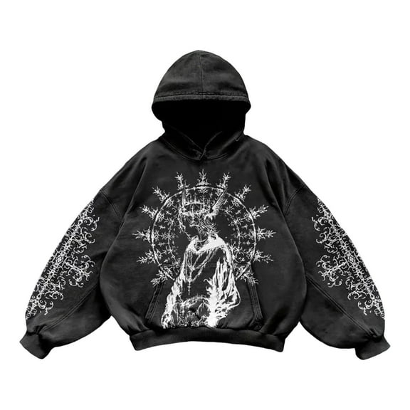 Mens Y2K Hoodies Vintage Graphic Pullover Long Sleeve Hooded Sweatshirt Streetwear Loose Black L