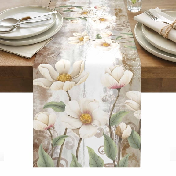 Brown Botanical Table Runner - 90 Inch Long, Kitchen Dining Table Runner Dresser Scarves, Spring Floral Retro Watercolor Farmhouse Decor for Coffee Tables Wedding Party Banquet