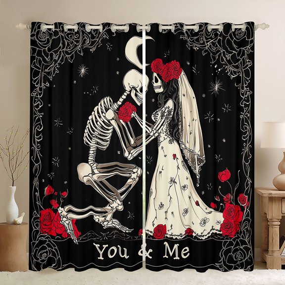 Manfei Couple Skeleton Skull Blackout Curtains Set of 2 (52x84 Each), Romantic Gothic Bride Window Curtains, Rose Valentines Day Curtains and Drapes, Curtains and Drapes Home Decor