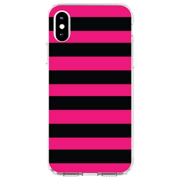DistinctInk Clear Shockproof Hybrid Case for iPhone XR (6.1" Screen) - TPU Bumper, Acrylic Back, Tempered Glass Screen Protector - Black & Pink Bold Horizontal Stripes
