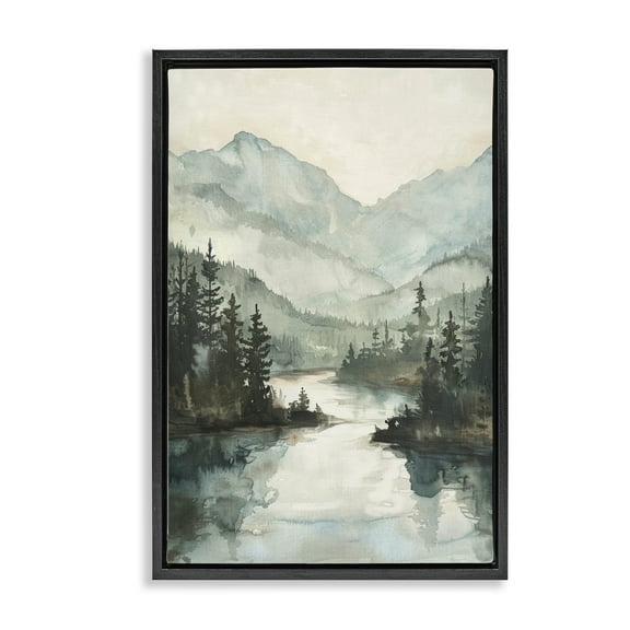 Stupell Industries Mountain River View Landscape & Nature Painting Black Floater Framed Canvas Art Print Wall Art, 17 x 25
