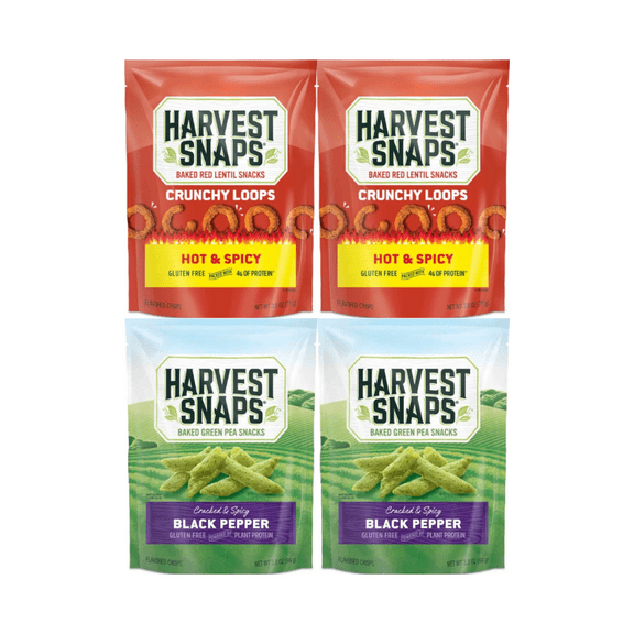 Harvest Snaps Veggie Chips Hot & Spicy and Black Pepper 4 Pack – Crunchy Baked Snack, Plant-Based Protein, Gluten-Free, Better-for-You Snack, 2 Each Flavor, 4 Count Multipack