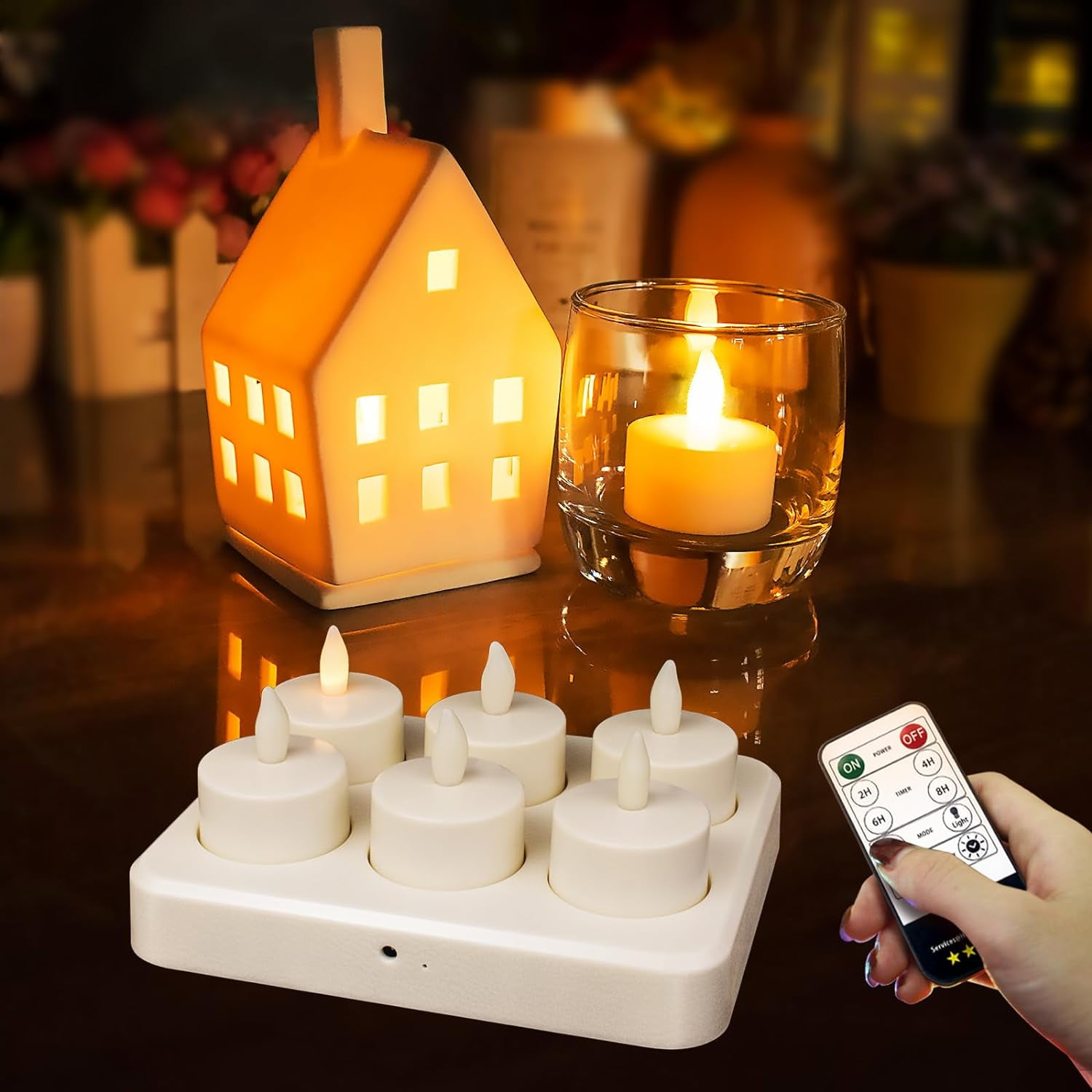 HL Rechargeable Tea Lights Flameless Candles with Remote,Flickering LED Candles with Timer Battery Operated Candles,for Home Seasonal Halloween Decor Flameless Centerpiece Table Decorations,6 Pack