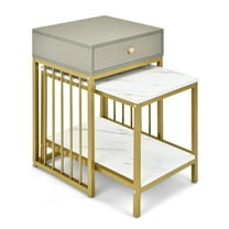Nesting Coffee Table Set of 2, Modern Side Table with Drawer & 2-Tier Coffee Table, Space Saving Living Room Furniture, White & Gold Accent Tables