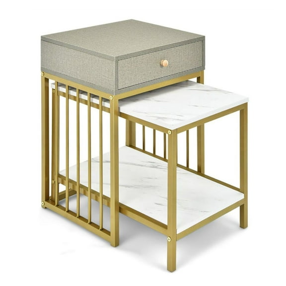 Nesting Coffee Table Set of 2, Modern Side Table with Drawer & 2-Tier Coffee Table, Space Saving Living Room Furniture, White & Gold Accent Tables