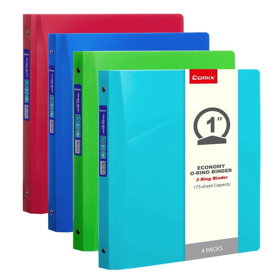 Comix 3 Rings Binder 1 inch Round Ring, 175 Sheets Organizer with Pockets, 4-Pack Assorted Color School Supplies