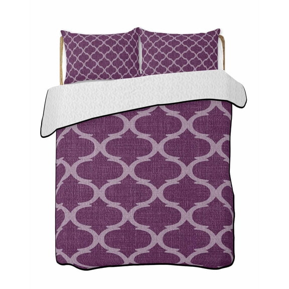 Quilt King Size Bedding Set, Dark Purple Moroccan Reversible Summer Quilt 3 Pieces, Country Abstract Quatrefoil Lattice Lightweight Bedspreads Coverlets with 2 Pillow Shams for All Seasons