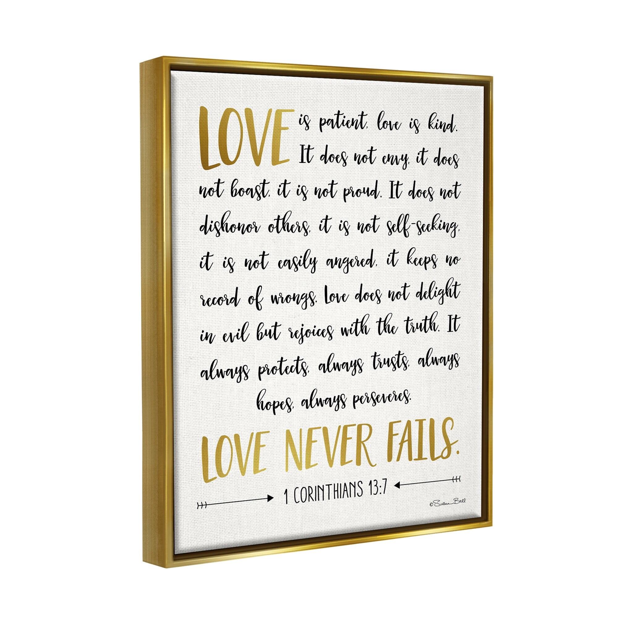 Stupell Industries Love Is Patient Psalm Faith Based Word Design Metallic Gold Framed Floating Canvas Wall Art, 16x20, by Susan Ball