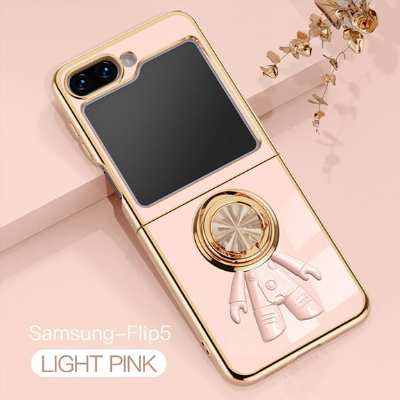 Case for Samsung Galaxy Z Flip 5, Luxury Astronaut Ring Hoder Stand Plating Ultra Slim Support Magnetic Car Mount Drop Protective Phone Case Cover for Samsung Galaxy Z Flip 5, Lightpink