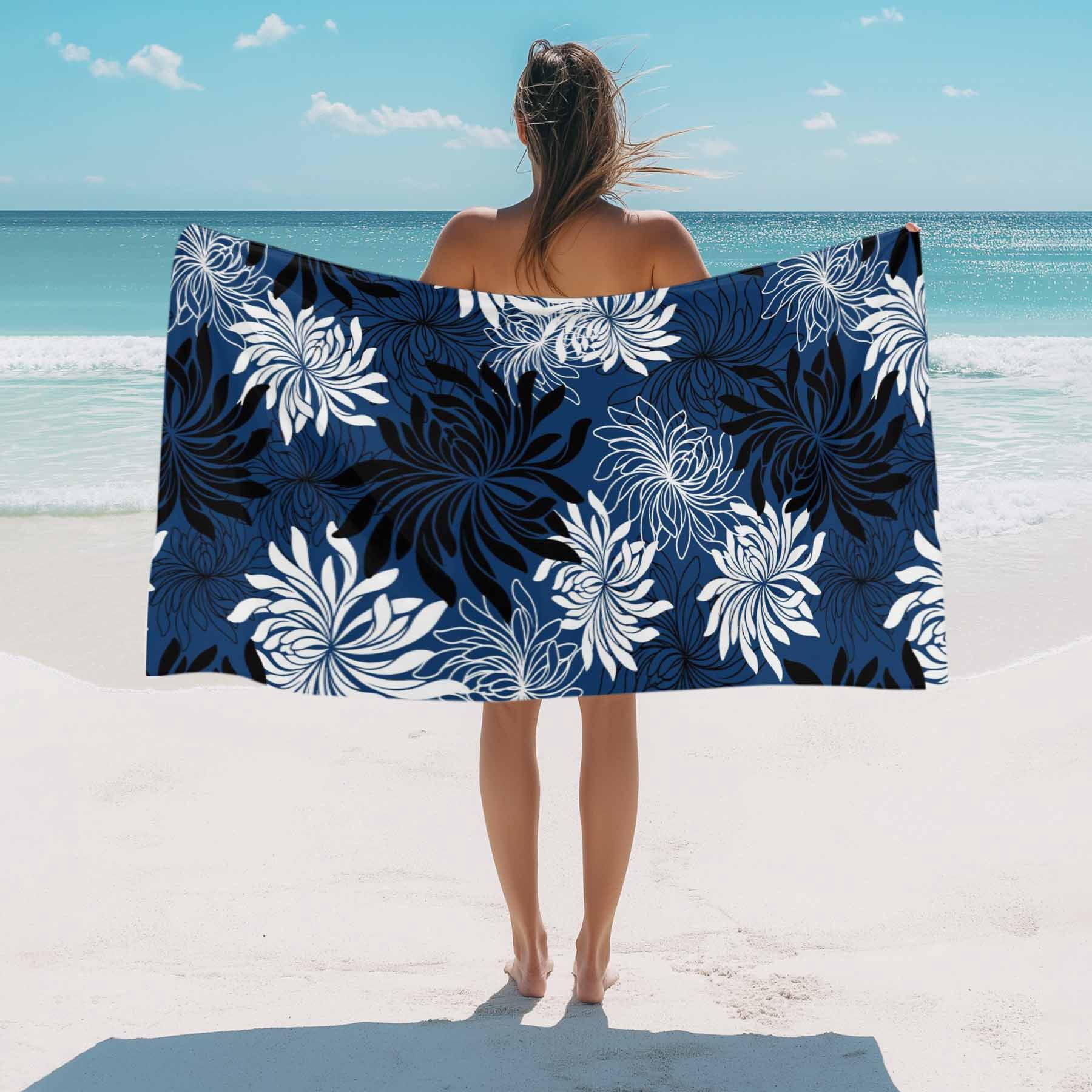 Beach Towel Chrysanthemum Bath Pool Towels Vintage Navy Blue Black Floral Absorbent Beach Towel Soft Large Quick Dry Lightweight Camping Travel Sports Yoga Gym Swim Towels for Adult 35x70 Inch