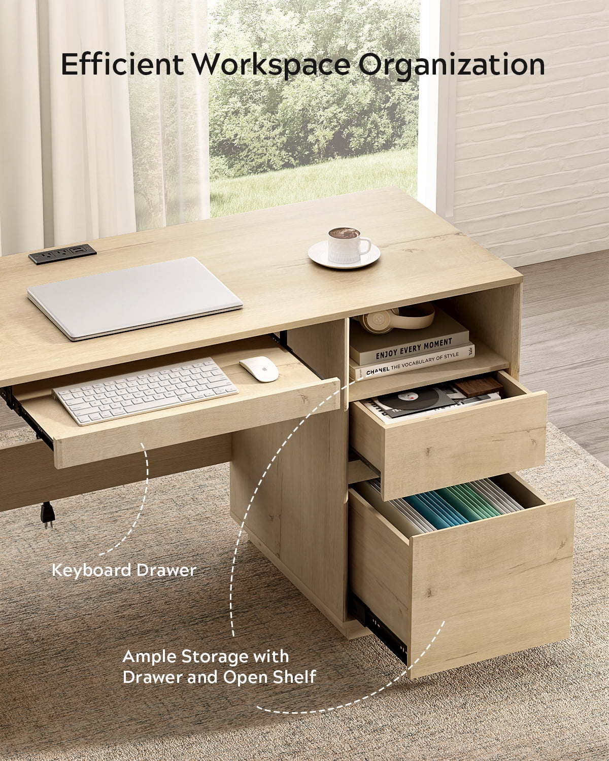 EYYTHUNG 47" Office Desk, Farmhouse Executive Desk with File Drawer & Outlet, Wood Computer Desks with Keyboard Tray, Light Oak