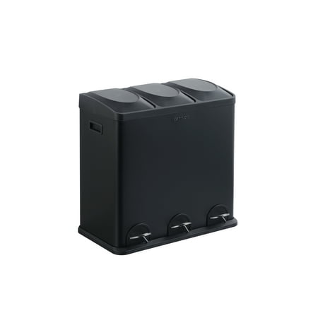 Step N' Sort Kitchen Trash Can, 16 Gallon Stainless Steel 3 Compartment Recycle Step Lid Garbage Bin, Black