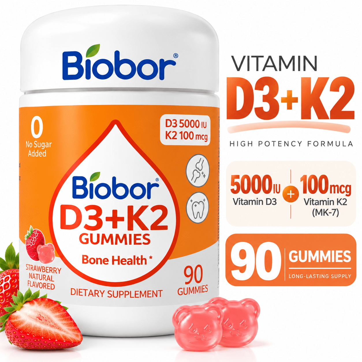 Biobor Natural Vitamin D3 K2 Gummies 5000 IU, Bone Health Supplement, Supports Calcium Absorption, Muscle & Immune Health, No Added Sugar, Strawberry Flavor