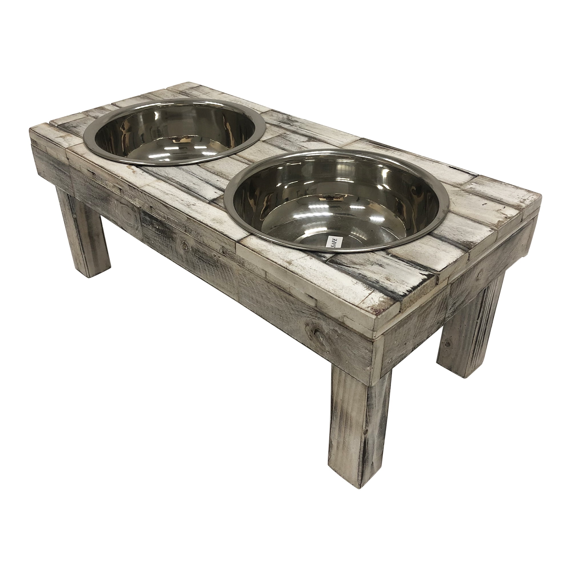 Huntley Pet Berjen Table Elevated Double Bowl Pet Feeder, White Wash (Small)